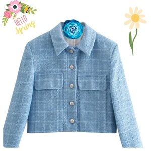 NWT- 🔥😍Gorgeous Single Breasted Sky Blue Tweed Crop Blazer Jacket Size Large